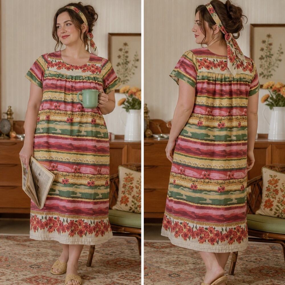 Loungees Muumuu House Dress Women 1X Tropical Boho Coastal Cottagecore Hawaiian
